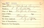 Voter registration card of Mary Adelaide Bragan, Hartford, October 9, 1920