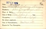 Voter registration card of Bridgie (Bridget) Moloney Breen, Hartford, October 15, 1920
