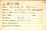 Voter registration card of Elizabeth M. Brennan, Hartford, October 13, 1920
