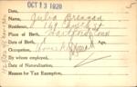Voter registration card of Julia Brennan, Hartford, October 13, 1920