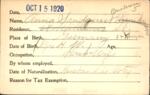 Voter registration card of Anna Sandquist Brinkman, Hartford, October 15, 1920