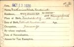Voter registration card of Catherine Blake Broderick, Hartford, October 13, 1920