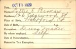 Voter registration card of Lottie E. Brokaw, Hartford, October 13, 1920