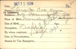 Voter registration card of Clara M. Coe (Bryne), Hartford, October 13, 1920