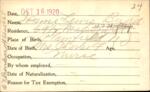 Voter registration card of Jennie Lewis Budd, Hartford, October 16, 1920
