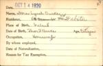 Voter registration card of Nora Lynch Burke, Hartford, October 14, 1920