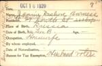 Voter registration card of Jennie Rashove Burness, Hartford, October 16, 1920