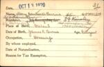Voter registration card of Mary Cantwell Burns, Hartford, October 13, 1920