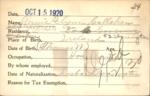 Voter registration card of Annie Flynn Callahan, Hartford, October 15, 1920