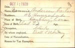 Voter registration card of Nannie Anderson Carlson, Hartford, October 11, 1920