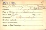 Voter registration card of Katherine O’Conner Carney, Hartford, October 15, 1920