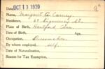 Voter registration card of Margaret A. Carney, Hartford, October 13, 1920