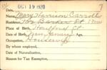 Voter registration card of Mary Harrison Carroll, Hartford, October 19, 1920