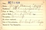 Voter registration card of Jennie Vannasse Casey, Hartford, October 15, 1920