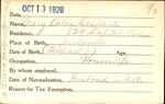 Voter registration card of Mary Dolan Despard, Hartford, October 13, 1920