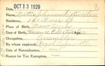 Voter registration card of Nettie Johnson Detweiler, Hartford, October 13, 1920