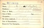Voter registration card of Minnie E. Taylor (Deutsch), Hartford, October 18, 1920