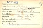 Voter registration card of Anna Devine, Hartford, October 13, 1920.