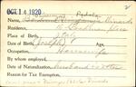 Voter registration card of Berdina Vinzanza (Vincinza Padola) Dinardo, Hartford, October 14, 1920
