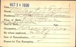 Voter registration card of Margaret J. Dolan, Hartford, October 14, 1920