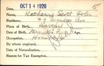 Voter registration card of Katharine Scott Dolan, Hartford, October 14, 1920