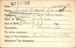 Voter registration card of Sarah Roach Donahue (Donohue), Hartford, October 15, 1920