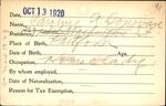 Voter registration card of Caroline A. Donovan, Hartford, October 13, 1920
