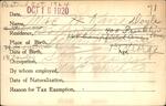 Voter registration card of Mae W. Kane (Doyle), Hartford, October 19, 1920