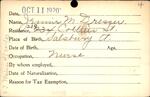 Voter registration card of Jennie M. Dresser, Hartford, October 11, 1920