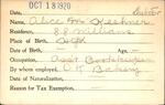 Voter registration card of Alice M. Keehner (Dubrow), Hartford, October 18, 1920