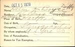 Voter registration card of Helen K. Boyce (Duffy), Hartford, October 15, 1920
