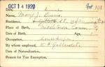 Voter registration card of Mary J. Dunn (Dunne), Hartford, October 14, 1920