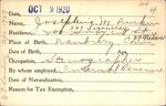 Voter registration card of Josephine M. Durkin, Hartford, October 9, 1920