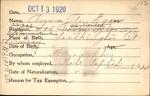Voter registration card of Anna T. Egan, Hartford, October 13, 1920