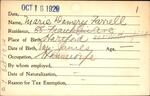 Voter registration card of Marie Damery Farrell, Hartford, October 18, 1920