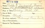 Voter registration card of Belle F. Marvel (Faxon), Hartford, October 16, 1920