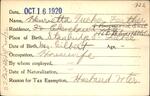 Voter registration card of Henrietta Tucker Feather, Hartford, October 16, 1920