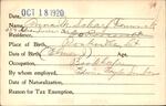 Voter registration card of Anna M. Scharf Fenwick, Hartford, October 18, 1920