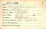 Voter registration card of May A. Finnegan, Hartford, October 15, 1920