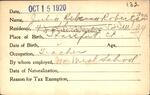 Voter registration card of Julia Rebecca Robertson (Fox), Hartford, October 15, 1920