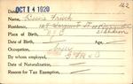 Voter registration card of Bessie Frisch, Hartford, October 14, 1920