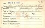 Voter registration card of Elizabeth McCalligott Frost, Hartford, October 14, 1920