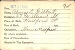 Voter registration card of Alma L. Gilbert, Hartford, October 11, 1920