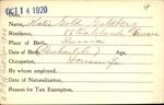 Voter registration card of Katie Gold Goldberg, Hartford, October 14, 1920