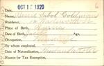 Voter registration card of Bessie Sabol Goldman, Hartford, October 15, 1920