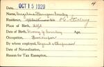 Voter registration card of Angeline Flanigan Gourley, Hartford, October 15, 1920