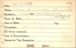 Voter registration card of Alice L. Woolley Griswold, Hartford, October 18, 1920