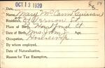 Voter registration card of Mary McCann Guinan, Hartford, October 13, 1920