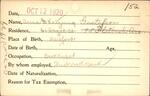 Voter registration card of Anna I. Katzung (Gustafson), Hartford, October 12, 1920