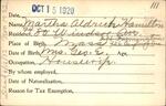 Voter registration card of Martha Aldrich Hamilton, Hartford, October 15, 1920